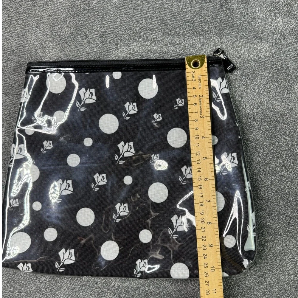Lancome Black White Polka Dot Rose Floral Vinyl Cosmetic Makeup Bag Pouch 12x9.5